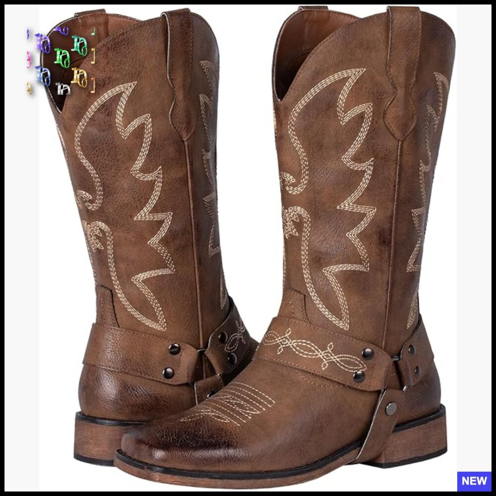 Square Toe Cowboy Boots Wide Calf Western Chic Cowgirl Boots Removable Strap
